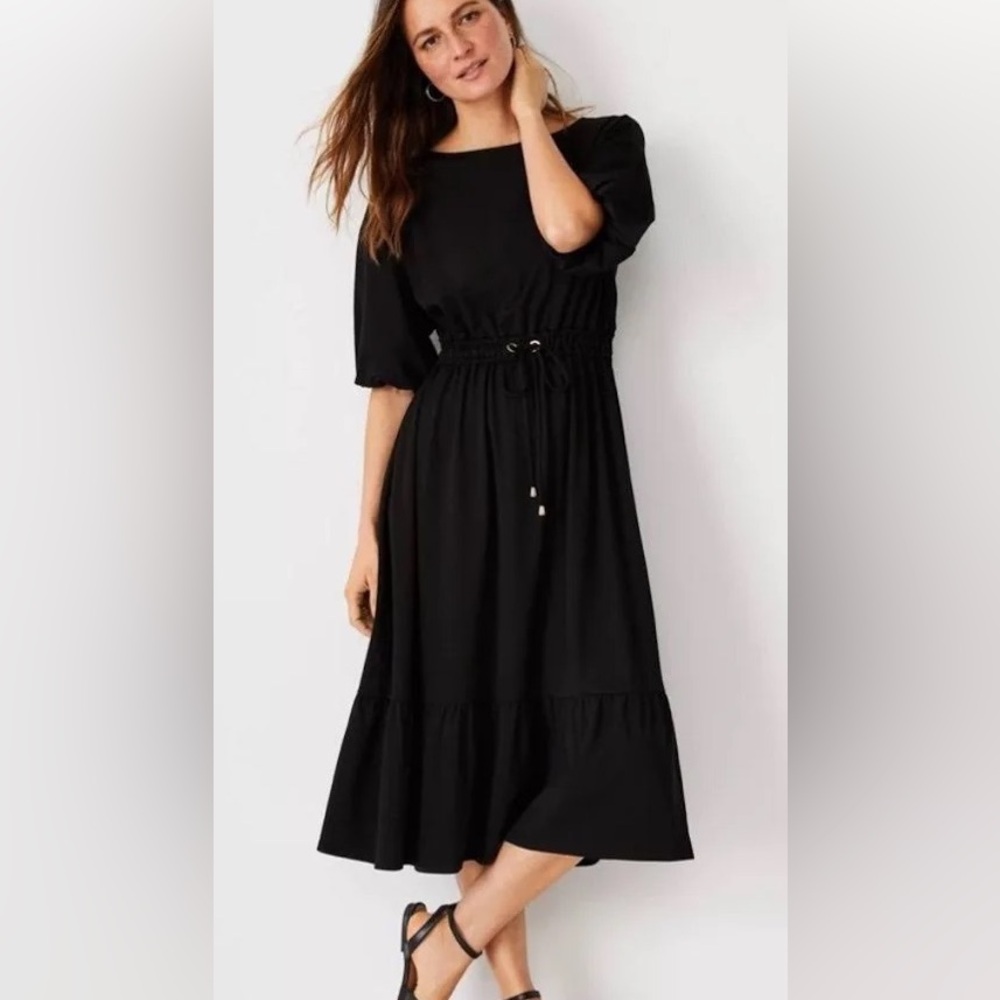 NWT ANN TAYLOR Drawstring Ruffle Midi Dress In Black Size XXL